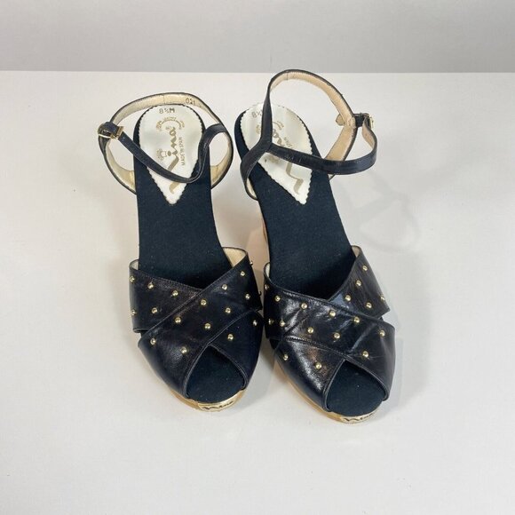 Nina Slip On Sandals Womens Black 8.5M Leather Studded Peep Toe Cork Wedge Ankle - Picture 1 of 7